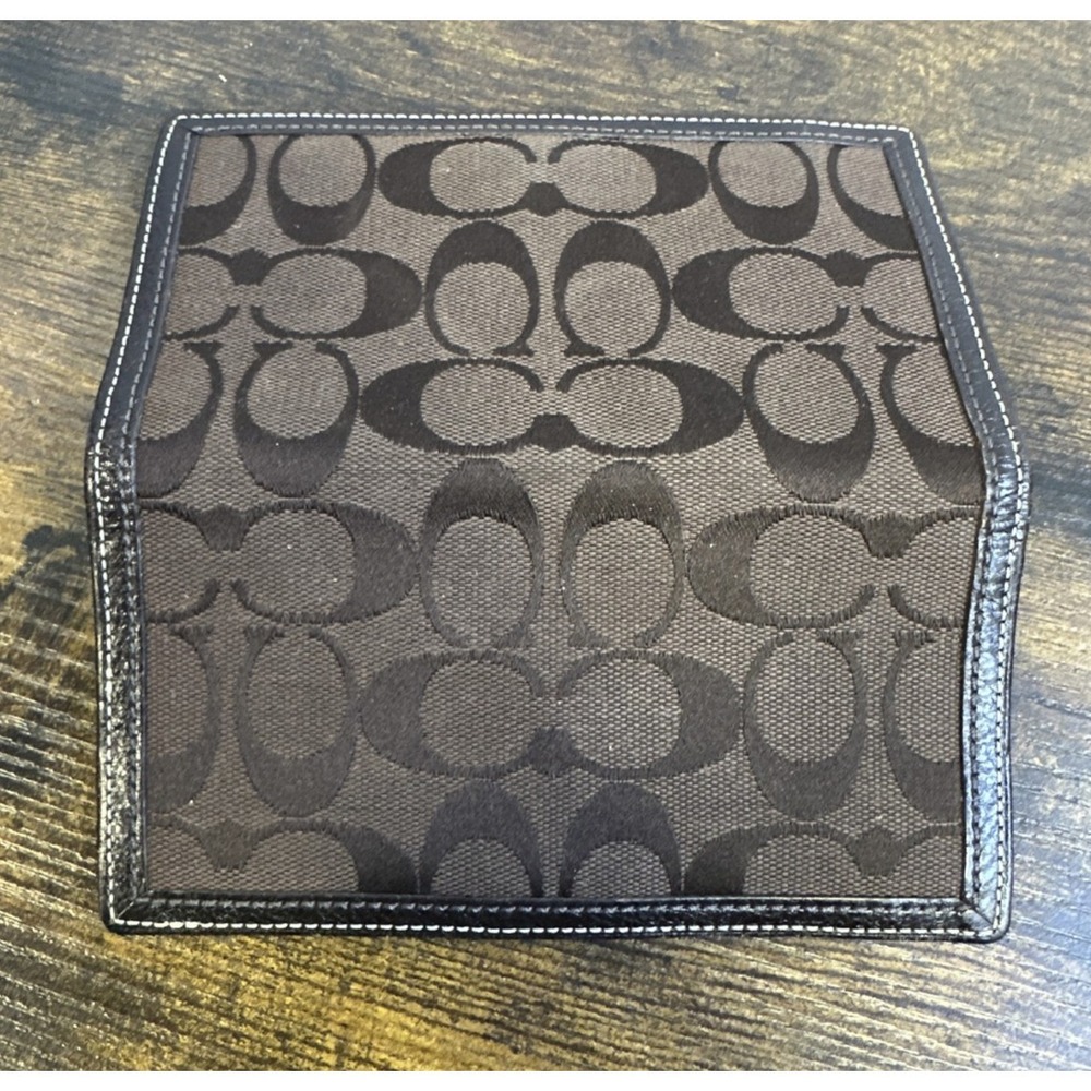 Coach Checkbook Cover Signature Brown Logo Jacquard Fabric Leather Trim Wallet - Picture 7 of 14